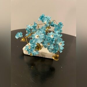 VTG Prosperity Tree Brass bells & beautiful blue Fabric Flowers w/marble Base
